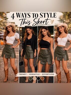 Kirious Olive Green Faux Leather Skort Size Small | high waist pleather chic